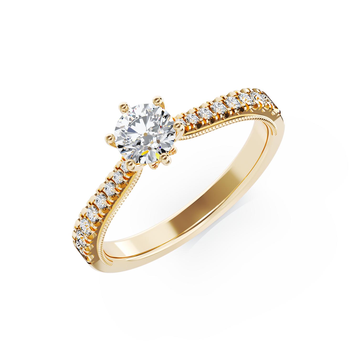 Eljegyzési gyűrű 18K-os sárga aranyból 0,24ct gyémánttal és 0,18ct gyémántokkal. Gramm: 2,4